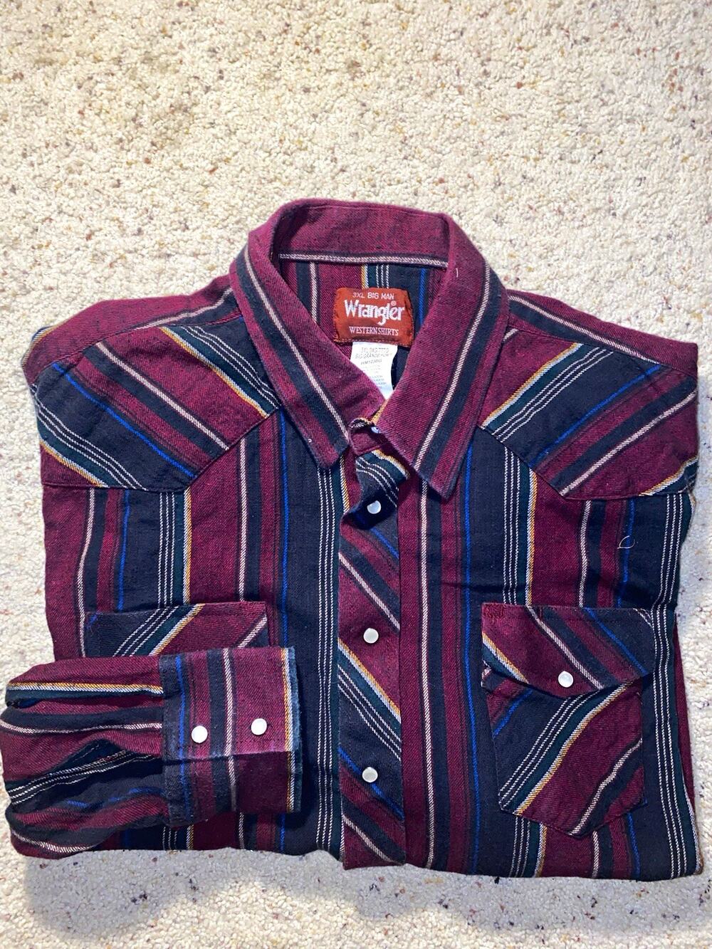 Wrangler Western Shirt Mens 3XL Burgundy Stripe Pearl Snap Cowboy 100% Cotton